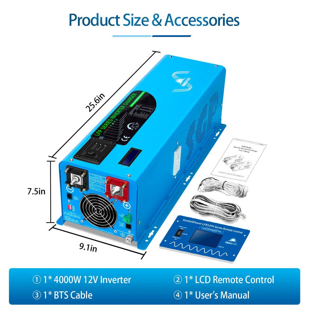 SunGoldPower 4000W DC 12V Pure Sine Wave Inverter With Charger (LFP4K12V120VSG)