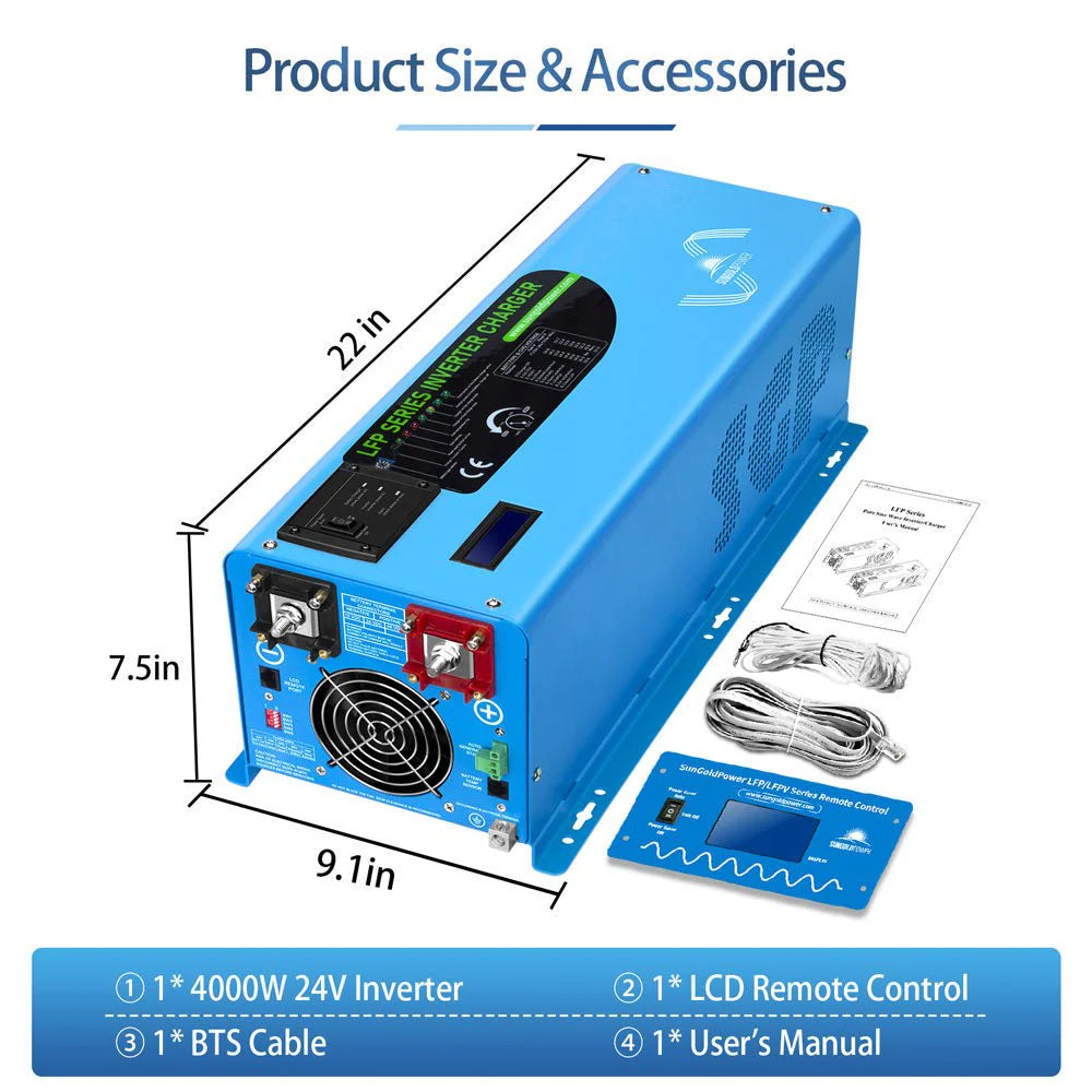 SunGoldPower 4000W DC 24V Pure Sine Wave Inverter With Charger (LFP4K24V120VSG)